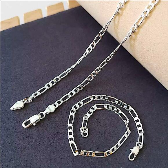 Sterling Silver Figaro 4mm Necklace Bracelet Matching Chain Link Unisex Set - Picture 2 of 6